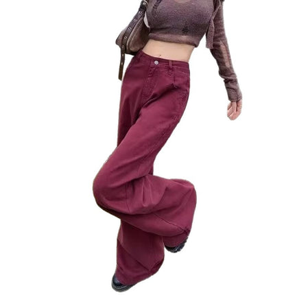 2025 Burgundy Wide-Leg Jeans for Women, Summer New Thin High-Waisted Loose Drape Denim Floor-Length Versatile Pants