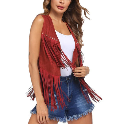 2025 Women's European and American Style New Suede Tassel Vest Jacket Popular Sleeveless Mid-Length Vest Outer Wear