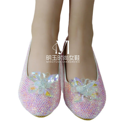 Flat Crystal Shoes with Round Toe, Handmade Pink Jelly Diamond Glass Flower Design, Casual Shopping Wedding Shoes, Women's Single Shoes