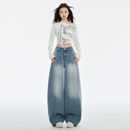 American Scimitar Jeans for Women, Autumn New Design, Retro Loose Slimming Lazy Style Floor-Length Wide-Leg Pants