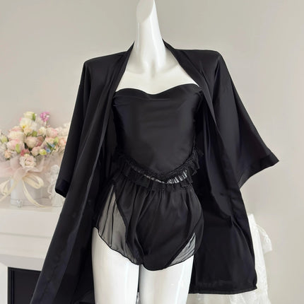 Sexy Pajamas for Women Summer 2025 New Mesh Ice Silk Pure Lust Style High-End Home Wear Three-Piece Suit High-End