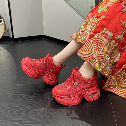 Xiuhe Wedding Shoes for Women 2026 New Model Red High-Heeled Breathable Dad Shoes for Women Height-Increasing Thick-Soled Sports Bridesmaid Bride Shoes