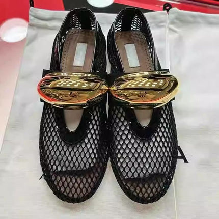 Niche Metal Mesh Flat Shoes Comfortable Hollow Shallow Mouth Breathable Single-layer Shoes Summer Golden Ballet Shoes Mary Jane