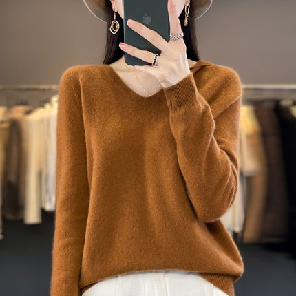 First-line Ready-to-wear Hooded Wool Sweater for Women in Autumn and Winter New Wool Hooded Sweatshirt Knitted Sweater Bottoming Shirt