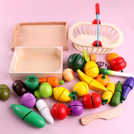 Wooden Children's Play-house Simulation Fruit and Vegetable Cutting Music Baby Kitchen Cutting Watch Game Vegetable in stock