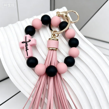 Cross-Border New Cross Silicone Bead Wrist Bracelet Keychain Handbag Leather Tassel Anti-Loss Pendant