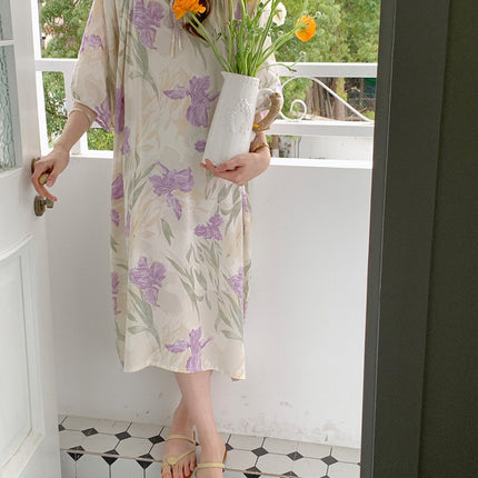 2026 New Cotton Silk Nightgown for Women, High-End Printed Short-Sleeved Long Dress, Large Size, Thin Style, Can Be Worn Outside as Loungewear