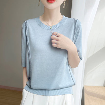 Breathable Tencel 26 New Summer Women's Round Neck Short Fashion T-Shirt Thin Base Shirt with Rhinestones Short Sleeve Top