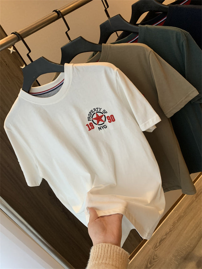 Us Orders! Brushed Long-Staple Cotton! Summer Men's Versatile Casual Short-Sleeve T-Shirt with Five-Pointed Star Embroidery, Breathable