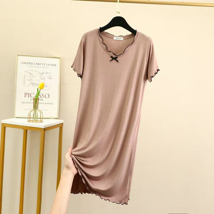 Modal Dress Women's Summer Thin Short-Sleeved A-Line Skirt Mid-Length Home Casual Skirt Ear-Hemmed Loose Nightgown