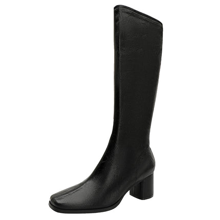 Retro but Knee-over Boots Women's 2024 New European and American Black Soft Leather Side Zipper Square Head Medium Thick Heel Long Boots