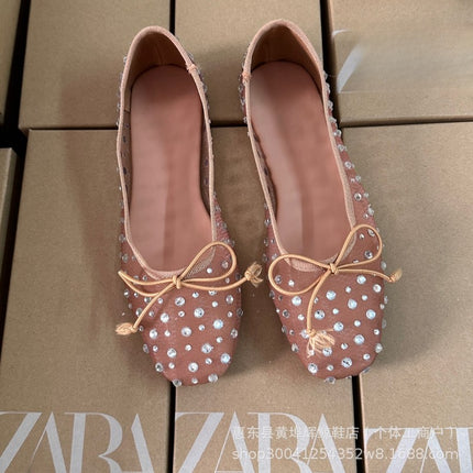 Za Manufacturer Breathable Mesh Sandals with Rhinestone Bow and Starry Sky Ballet-Style Flat Shoes European and American Ballet