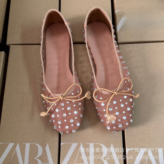 Za Manufacturer Breathable Mesh Sandals with Rhinestone Bow and Starry Sky Ballet-Style Flat Shoes European and American Ballet