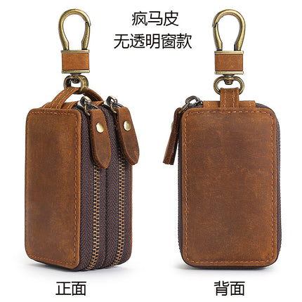Amazon Genuine Leather Men's Car Key Case Oil Wax Leather Double Layer Zipper Key Case European and American Transparent Key Case