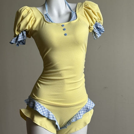 Original Manufacturer Yuanqi Girl One-Piece Puff Sleeve Swimsuit for Women, Cute, Covers the Body, Slimming, Conservative, Suitable for Vacation and Hot Springs