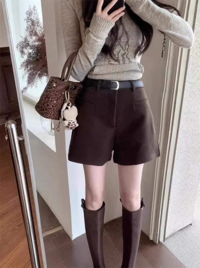 American Retro Woolen Casual Pants Shorts Women's Autumn and Winter 2024 Hot Pants Hot Pants for Hot Girls High Waist Loose Wide Leg Pants