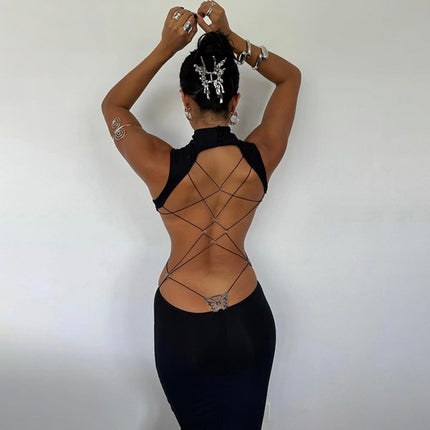 Celebrity Style Cross-Border Sexy Women's Solid Color Sleeveless Hollow-Out Backless Fashion Party Temperament Personality Dress for Women