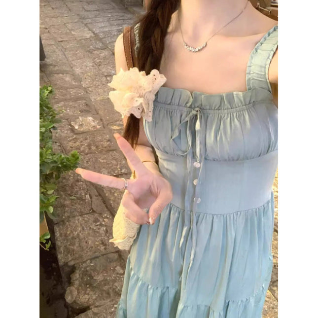 Summer New Mint Milk Green Suspender Dress for Women, This Year's Popular Hot Style Sweet Girl Wears Gentle Waist Skirt