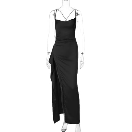 European and American Cross-Border Women's Fashion Spaghetti Strap Backless Slit Tie-Back Slim Sexy Light Luxury Evening Long Dress