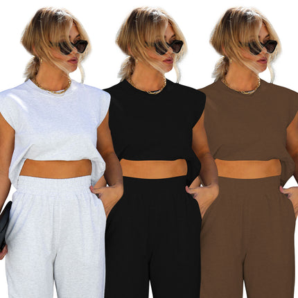 Yd8753-A1 European and American Clothing Amazon New Fashion Casual Pure Color Nine-Point Pants Two-Piece Set Cross-Border Women