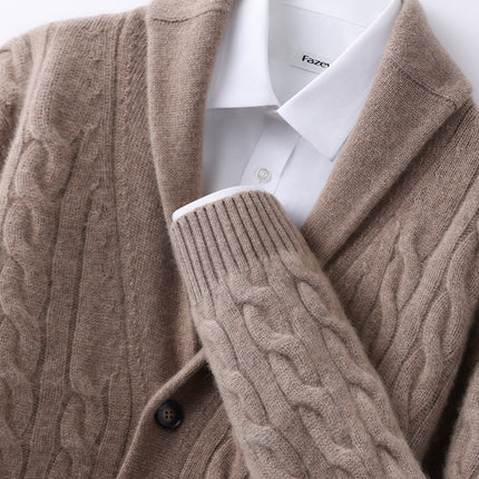 Thickened Autumn and Winter Retro Twisted Green Fruit Collar Cashmere Knitted Cardigan Men's Casual Sweater Loose Jacket Fashion
