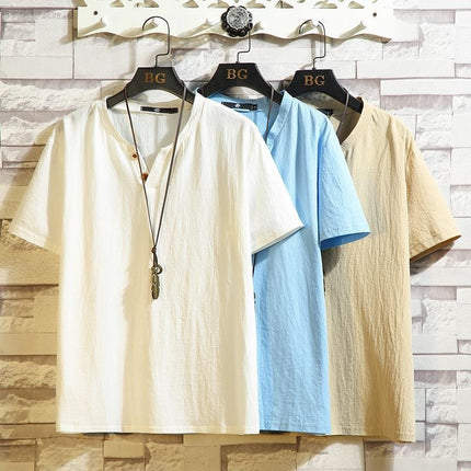 Cotton and Linen Short-Sleeved Shorts Suit for Men, Chinese Style Loose Large Size Collared Shirt, Summer Trendy Casual Sports Two-Piece Set Tang