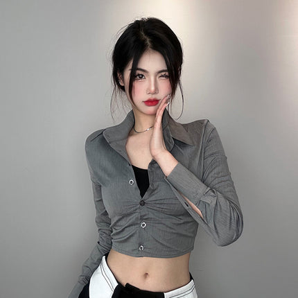 South Korea Dongdaemun New Slim-fit Slimming Sexy Spice Girl Figure Short Exposure Waist Long Sleeve Shirt Top for Women