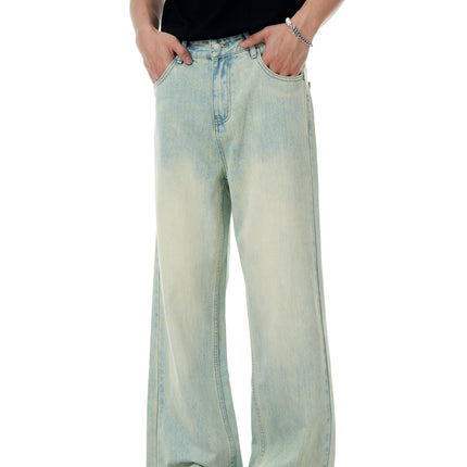 11Kn American Clear Water Blue Jeans for Men and Women Straight-Leg Distressed Retro Light-Colored Stereo Slim Casual Loose Pants