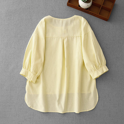 2025 Summer New Casual Two-Piece Set Retro Sweet Creamy Yellow Cotton and Linen Shirt + Elastic Waist Shorts Set