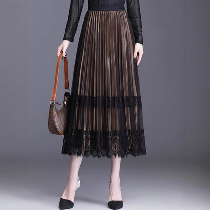 plus size Women's 2025 Fat Sister Summer New Heavy Industry Embroidered Large Flower Mesh Skirt Slim A- line Long Skirt