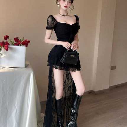 Nightclub Clothes 9210 Sexy Lace Female Technician Long Skirt Ladylike Elegant Cut Out Asymmetrical Low-Cut Dress