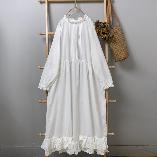 Artistic Retro Autumn Solid Color Long-sleeved Dress All-match Casual Slimming Cotton and Linen Lace Collar Base Dress for Women