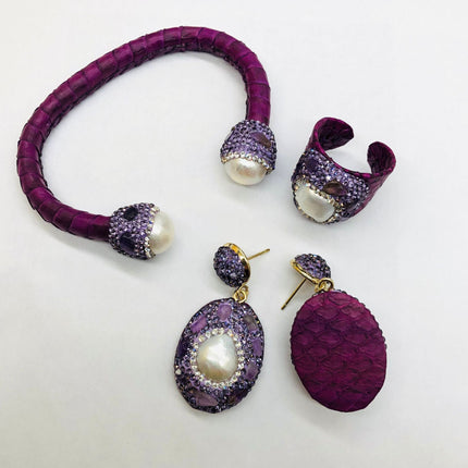 Purple Snakeskin Pearl Jewelry suit Ring Earrings Bracelet Women's Handmade Inlaid Amethyst Diamond Personality Fashion