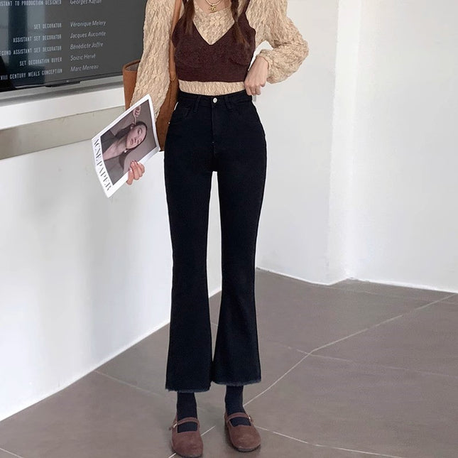 Black Fur Edge Micro-flare Jeans Women's Trendy All-match New High Waist Slimming Slim-fit Hip-lift Horseshoe Long Pants