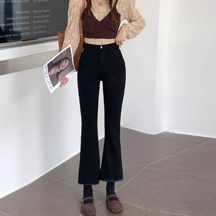 Black Fur Edge Micro-flare Jeans Women's Trendy All-match New High Waist Slimming Slim-fit Hip-lift Horseshoe Long Pants