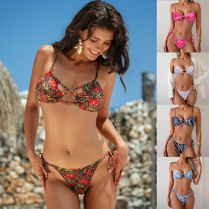 European and American Cross-border 2025 New Swimsuit Women Ins Style Sexy Lace-up Printed Bikini Swimsuit Bikini in stock