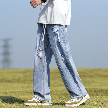 Ripped Jeans Men's Summer Thin Trendy Brand Loose Straight Pants American High Street Yellow Mud Washed Wide Leg Pants for Men