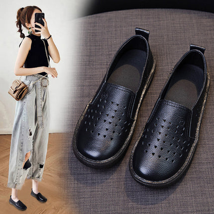 Genuine Leather Loafers for Women 2026 Spring/Summer Hollow Breathable White Shoes Women's Top-Layer Cowhide Shallow Mouth Single Shoes Mom Shoes