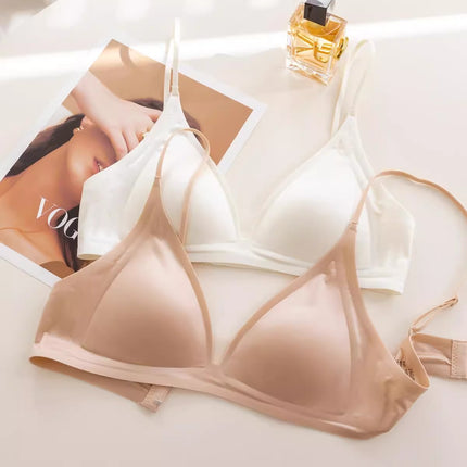 Japanese-Style Milk Satin Seamless Small Chest Bra for Women, French Deep V-Neck Thin Strap Wireless Bra for Summer