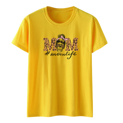 Amazon momlife Skull Leopard Print Sunglasses Mother's Day Gift Letter Print Casual Short Sleeve T-Shirt Women