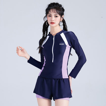 2026 New Style Women's Long-Sleeved Conservative Slimming Tummy-Covering Sports Training Swimsuit for Sweet Girls, Hot Spring Girls, and Students