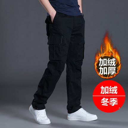 In stock men's quick-drying pants winter outdoor multi-pocket pants men's fleece-lined thick straight pants army green overalls