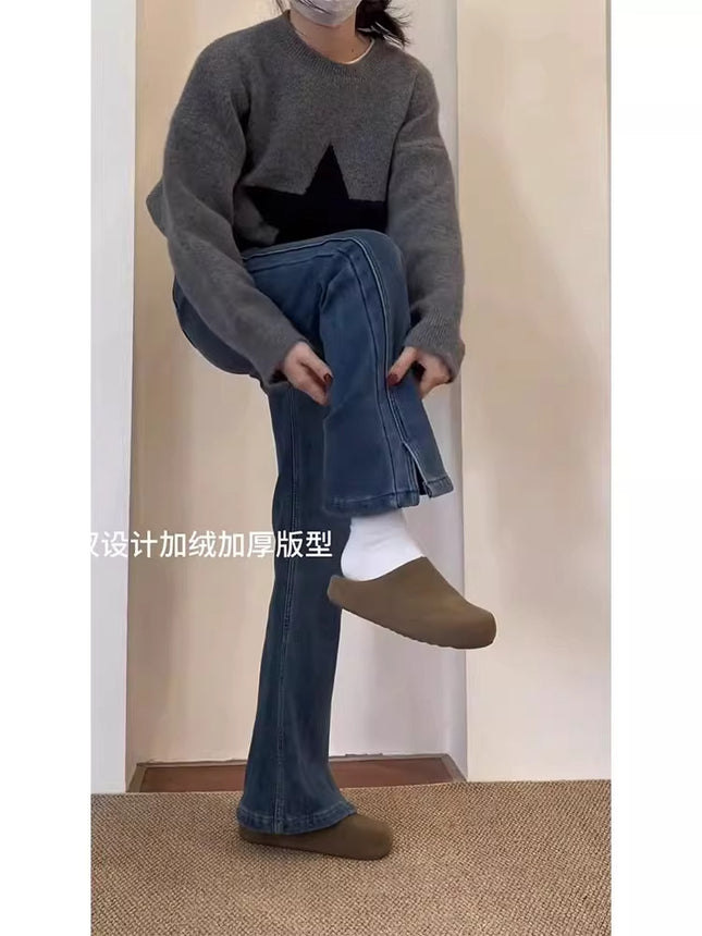 Blue Flared Jeans for Women 2025 Autumn Popular Plus Size Pear-Shaped Figure Slimming Non-Stick Wide-Leg Pants