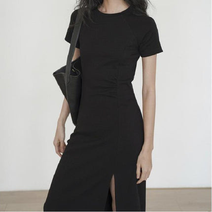 Cross-border Split Figure Figure Crewneck Short-sleeved dress Women's Summer New Waist Design Sense Slim-fit Elegant Skirt