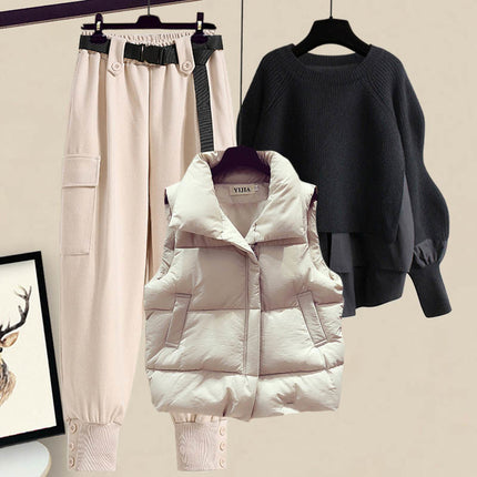 plus size women's autumn and winter suit women's 2024 new wear western style vest shirt slim cargo pants three-piece set