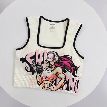 Seamless knitted new double-layer chest pad integrated vest fashion digital printing stretch running bra top
