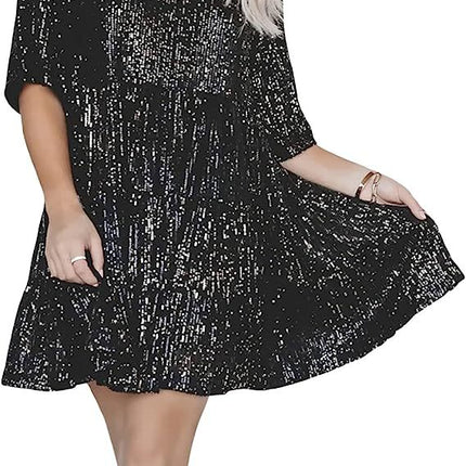 Cross-Border European and American Style Glitter Sequin Half-Sleeved Round Neck Ruffled Loose Short-Sleeved Dress Banquet Dress 10 Colors