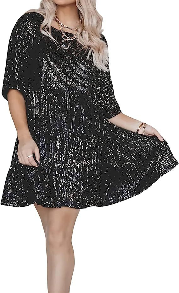 Cross-Border European and American Style Glitter Sequin Half-Sleeved Round Neck Ruffled Loose Short-Sleeved Dress Banquet Dress 10 Colors