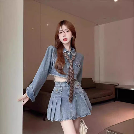 Internet Celebrity Fried Street Denim Skirt Two-piece Suit Women's Autumn and Summer Elegant New Goddess Fan Short-sleeved Spice Girls Pleated Short Skirt