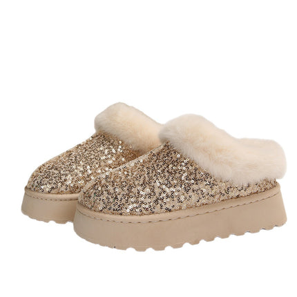 2025 New Large-Size Women's Thick-Soled Plush Snow Boots with Sequin Upper, European and American Style Women's Short Boots